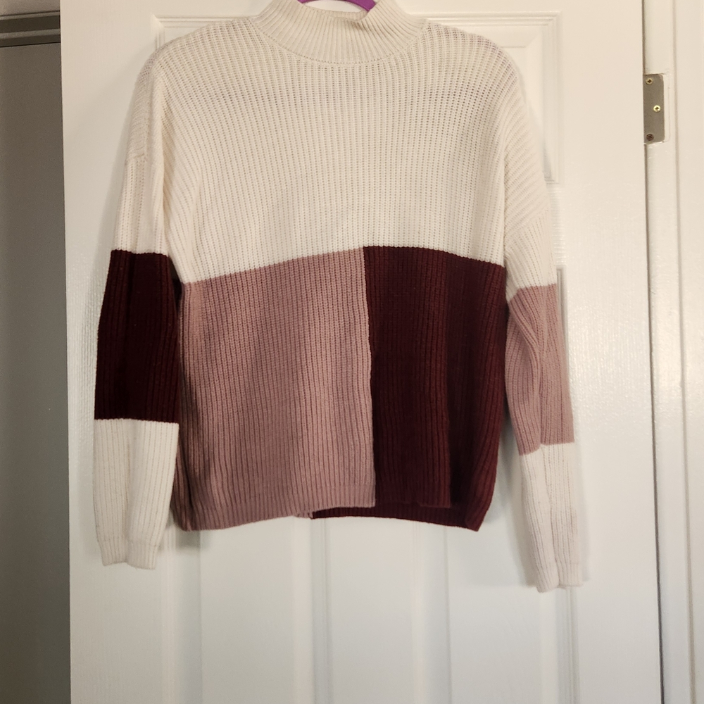 ANDREE BY UNIT White, Mauve & Burgundy Colorblock Cowl Sweater
